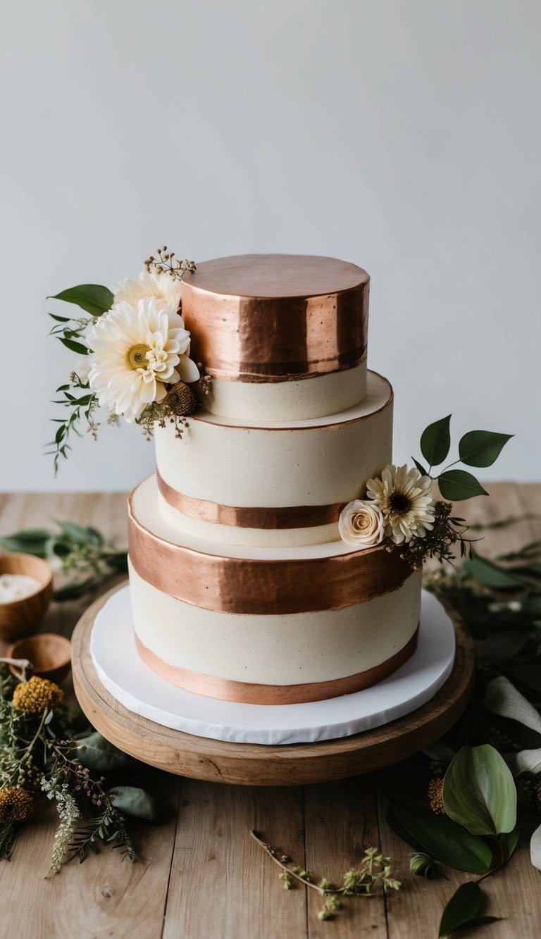 A rustic cake adorned with copper highlights sits on a wooden table surrounded by earthy elements like flowers and greenery