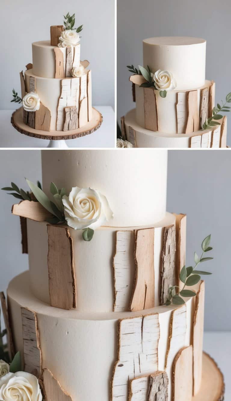 A rustic cake adorned with paper bark elements and wooden accents