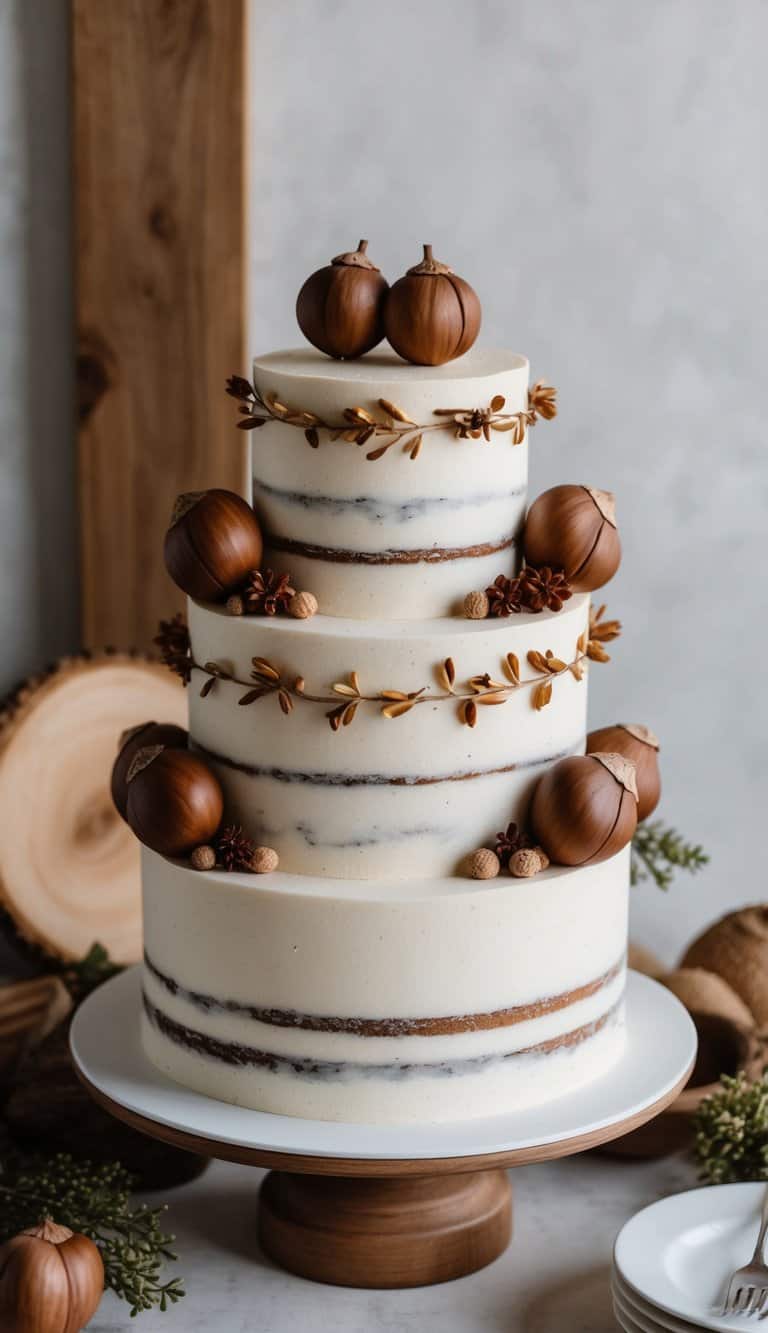 A rustic cake adorned with chestnut-based decor, surrounded by wooden accents and natural elements