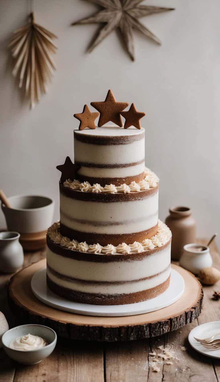 A rustic cake adorned with gingerbread stars sits on a wooden table, surrounded by earthy decorations and a charming, cozy atmosphere