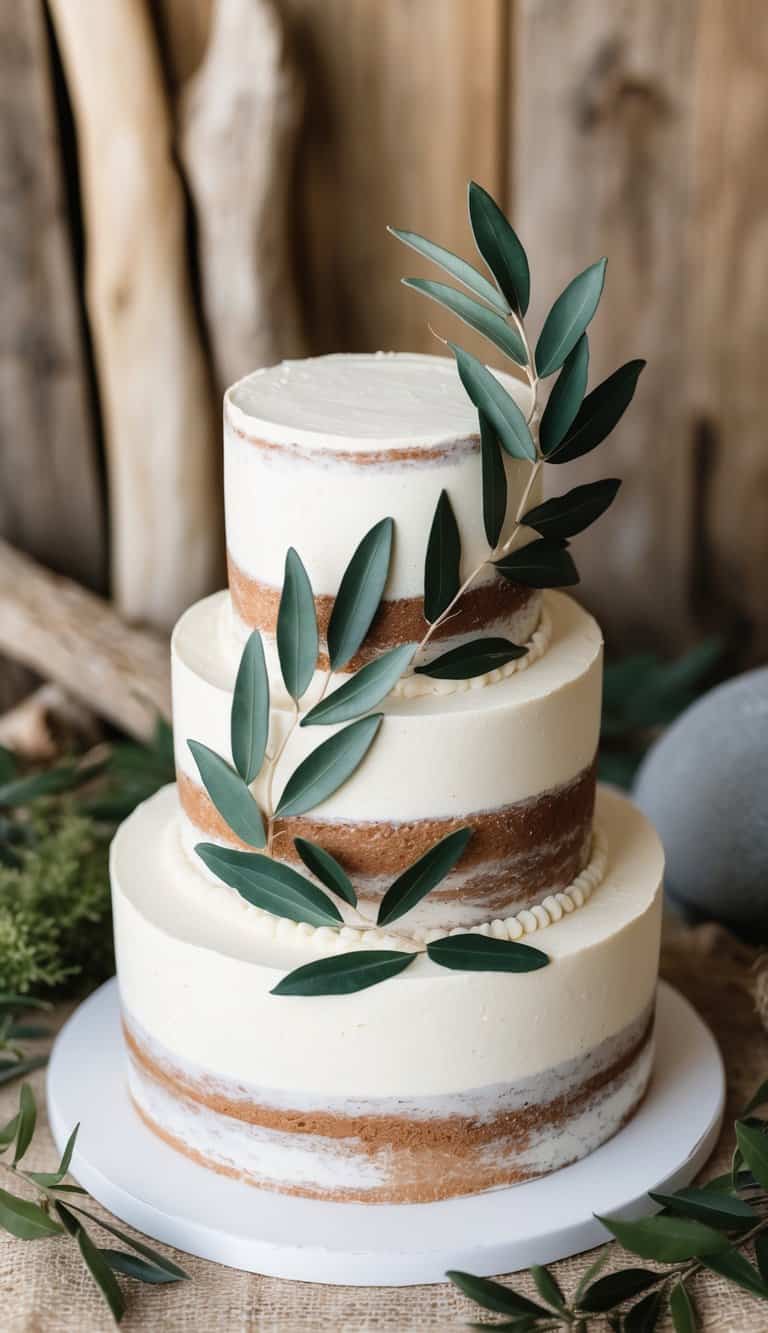 A rustic cake adorned with olive leaves, set against a natural backdrop of wood and earthy elements