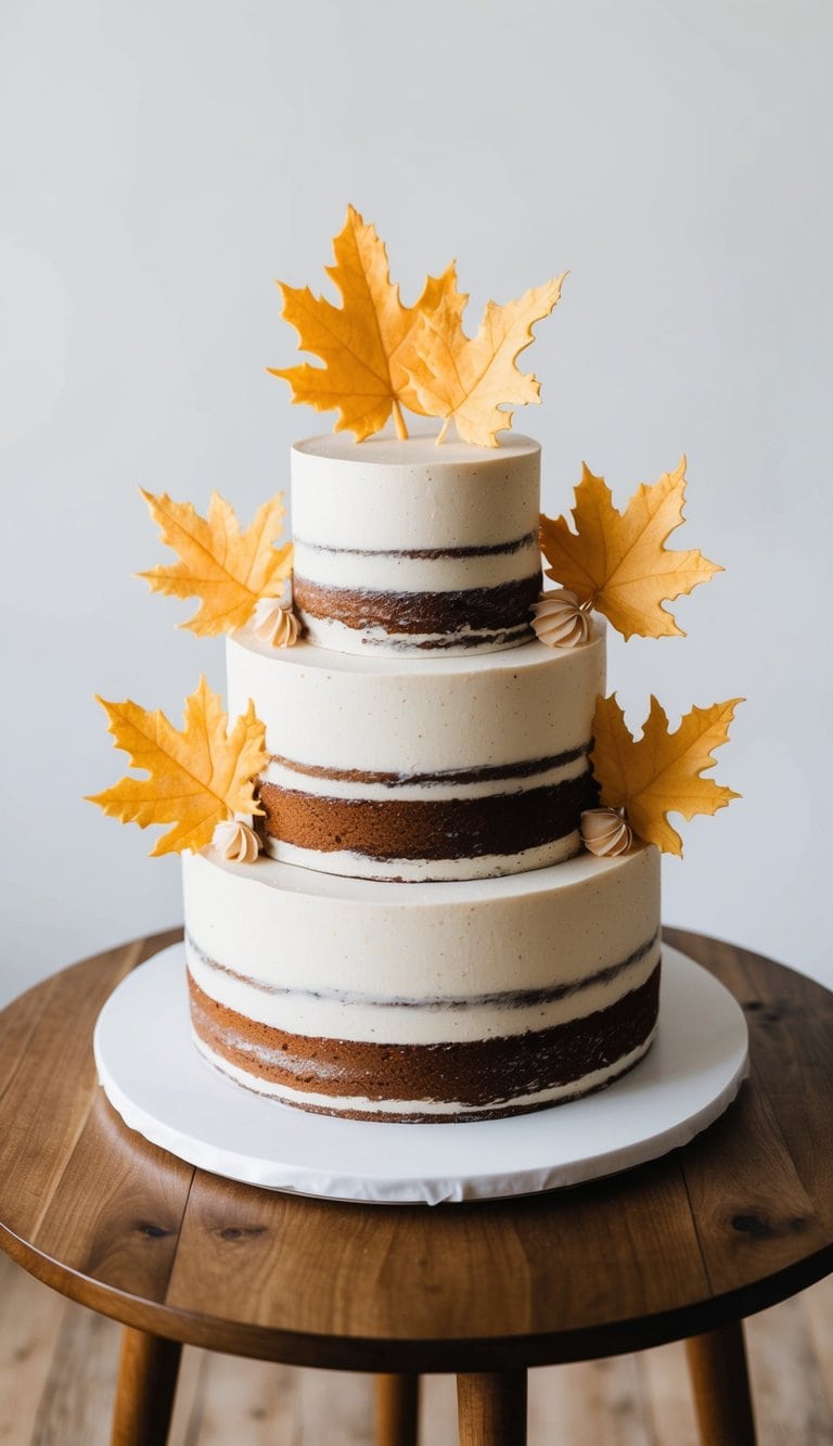 A rustic cake adorned with edible leaf sculptures sits atop a wooden table