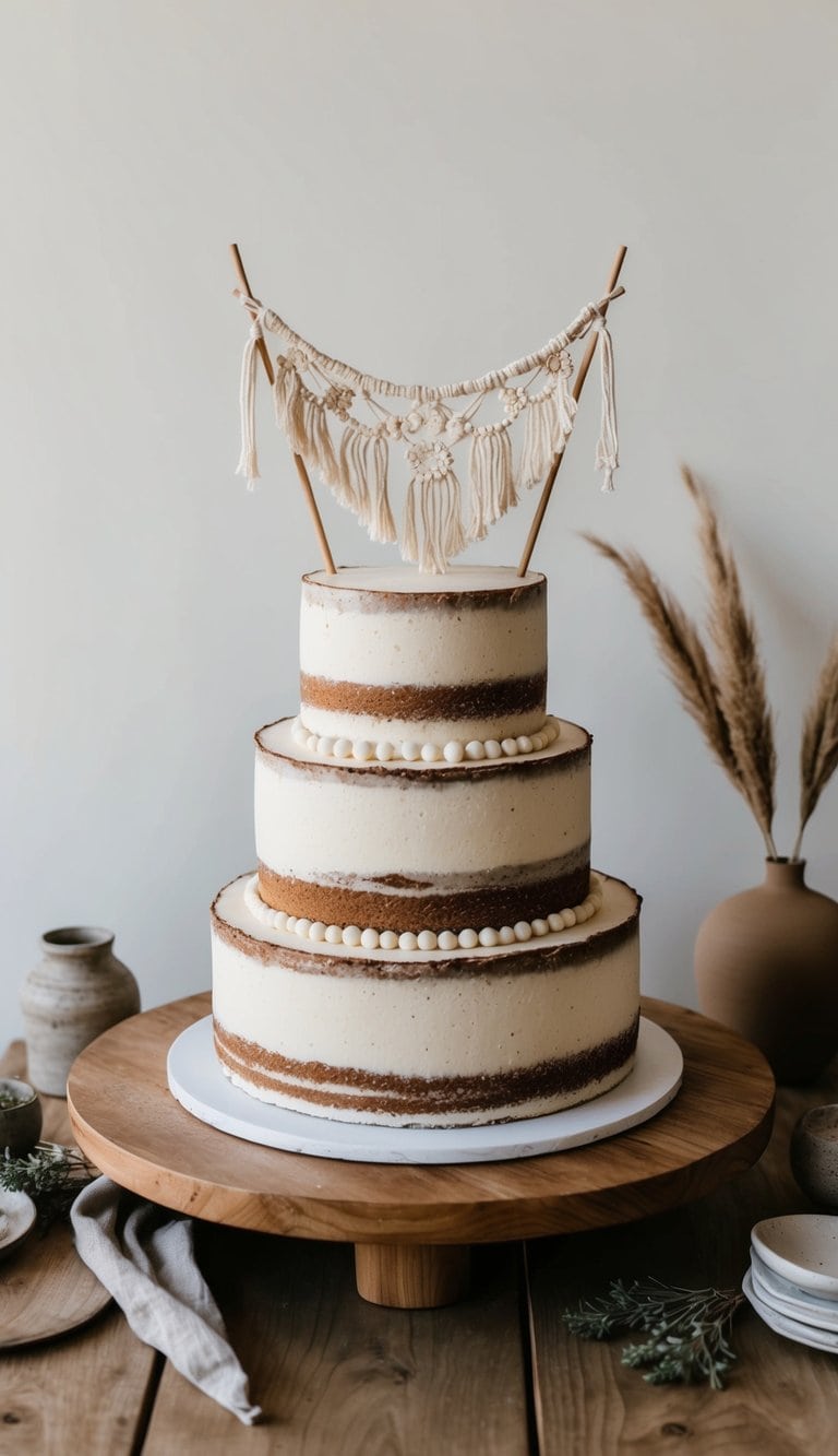 A rustic cake adorned with macrame cake toppers sits on a wooden table surrounded by earthy decor