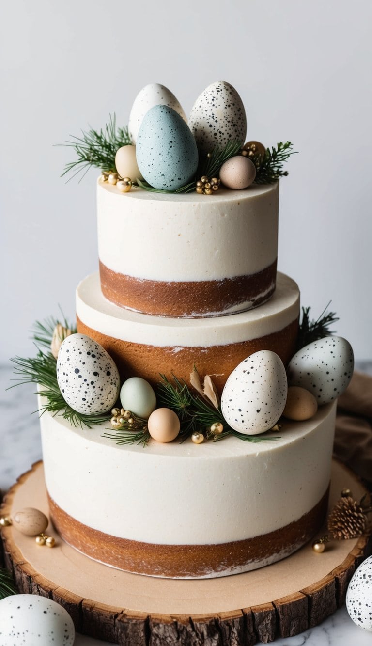 A rustic cake adorned with speckled egg ornaments nestled among wooden accents and natural elements