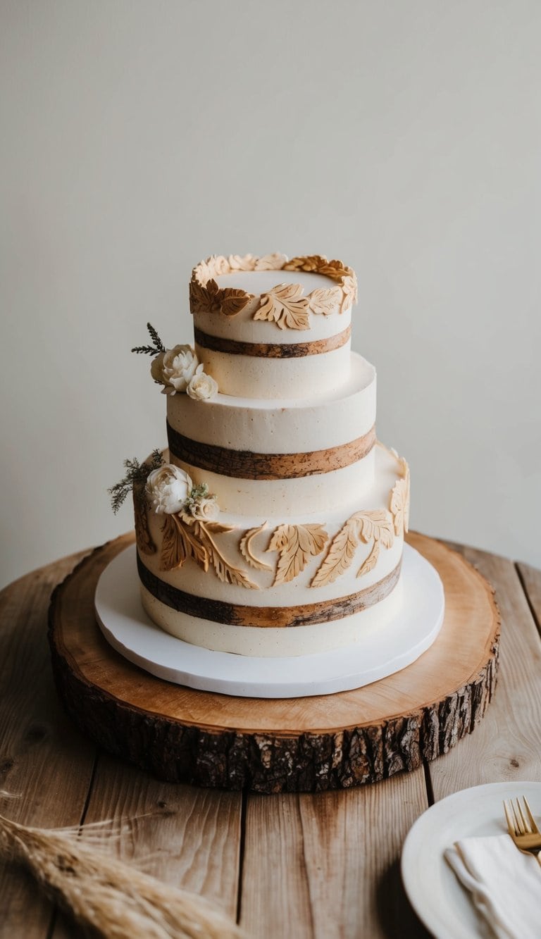 A wooden table adorned with a rustic cake decorated with earthy carving designs