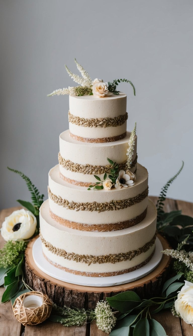 A rustic cake adorned with flax seed accents sits on a wooden table surrounded by natural elements like flowers and greenery