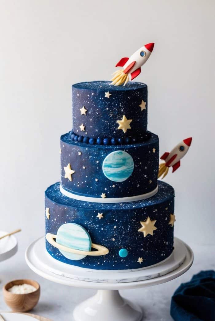 A three-tiered cake decorated with a space theme, featuring dark blue icing, white and yellow stars, two fondant rockets, and planets with rings, all set on a white cake stand. Plates and utensils are nearby.