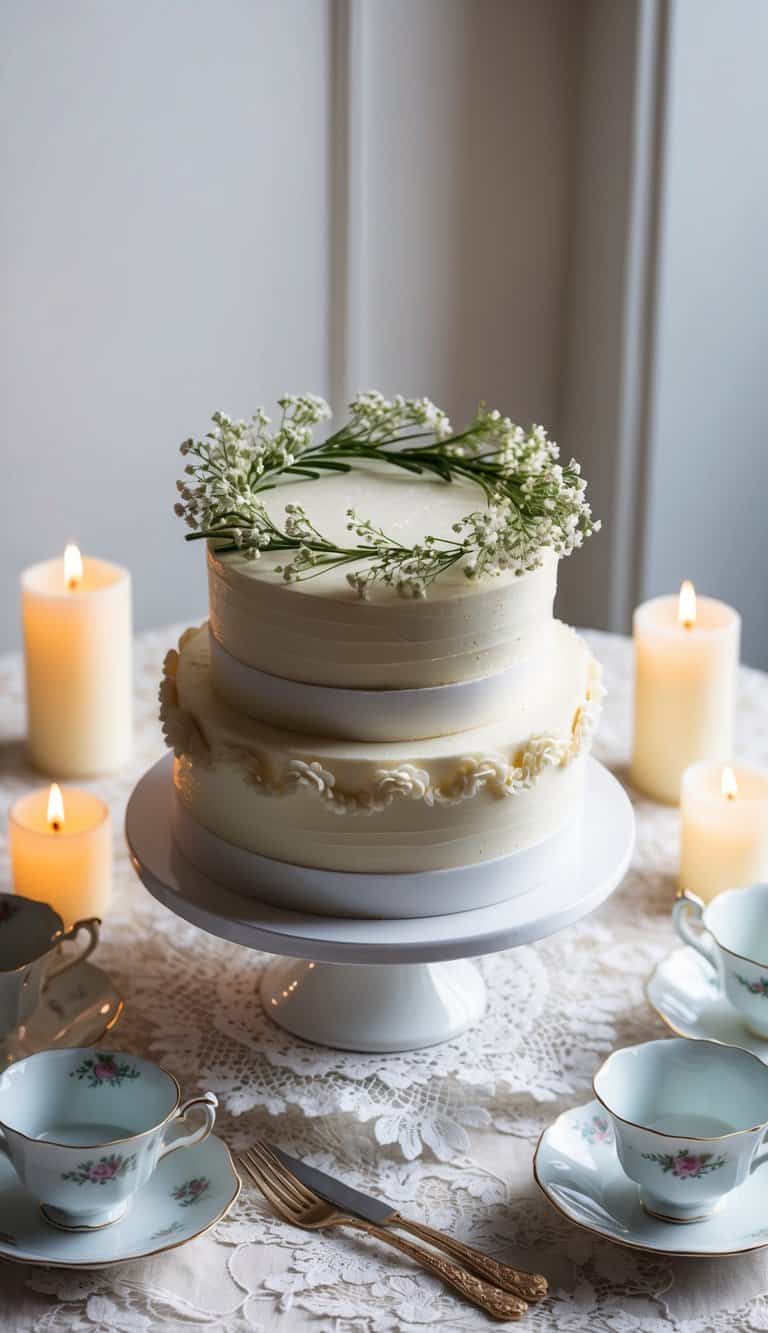 A small wedding cake with a floral wreath topper sits on a lace-covered table, surrounded by soft candlelight and delicate porcelain teacups