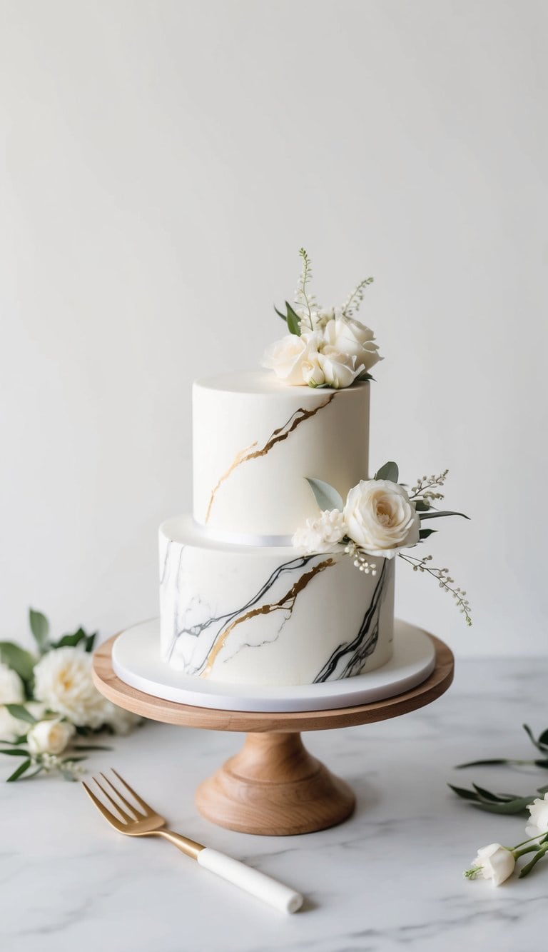 A small wedding cake with a marble effect, adorned with elegant and intimate decorations