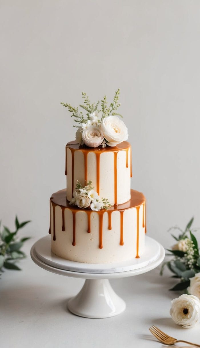 A two-tiered white cake with caramel drizzle, topped with white roses and small green sprigs, sits on a white cake stand. Surrounding the cake are green leaves and white flowers, with a gold fork placed nearby.