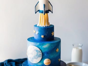 A three-tiered space-themed cake decorated with planets, stars, and a rocket ship topper. The cake features blue and purple galaxy colors and gold stars, with plates, forks, and a milk bottle in the background.