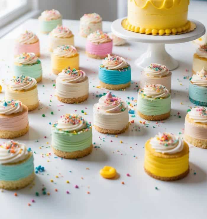 A colorful display of mini cakes with pastel frosting and sprinkles surrounds a small, two-tier pink and yellow cake on a white stand, all set on a white table in a bright room.