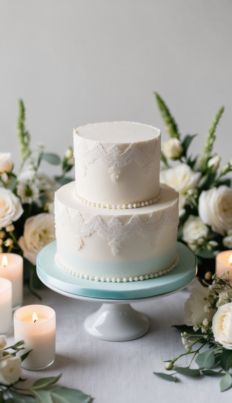 A small wedding cake adorned with delicate edible lace trims, surrounded by elegant floral arrangements and soft candlelight