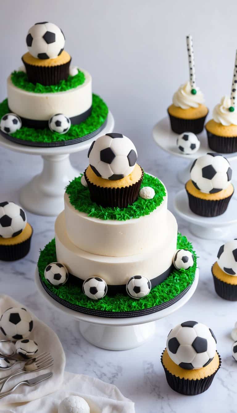 Cupcakes topped with candy soccer balls surrounded by sports-themed cake decorations