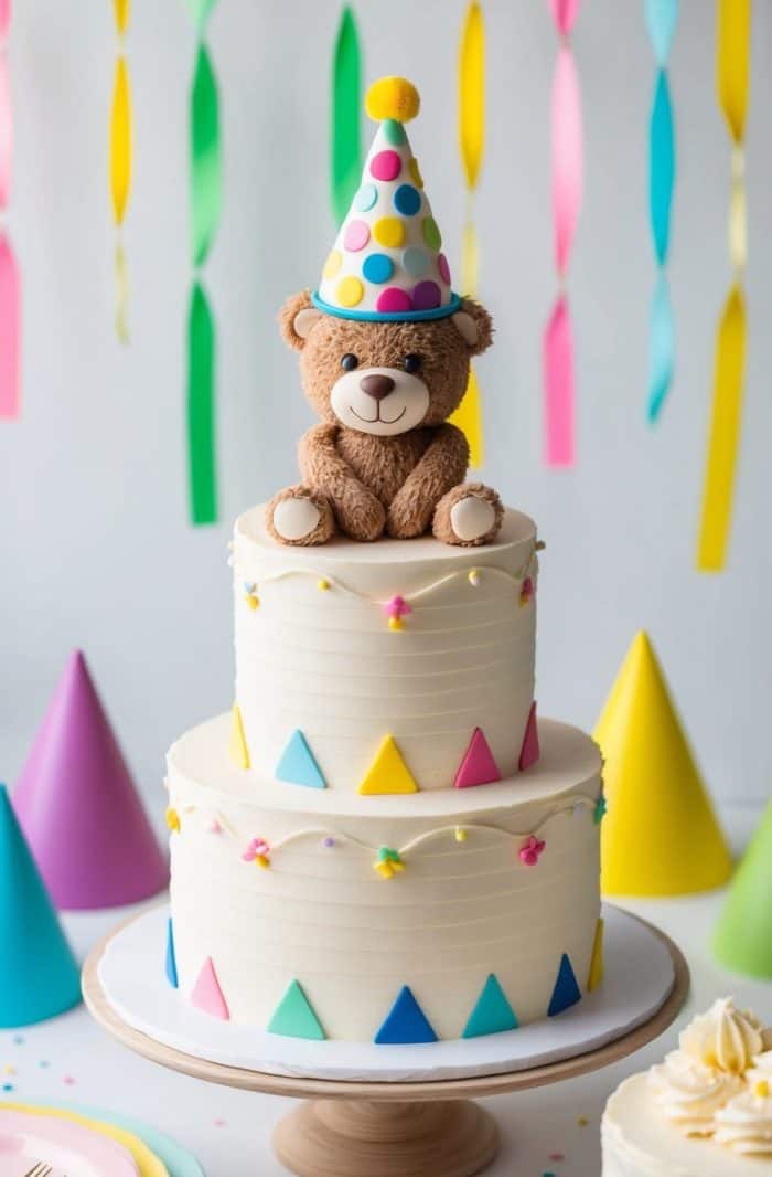 A two-tier white cake decorated with colorful triangles and tiny stars, topped with a smiling teddy bear wearing a polka-dot party hat. Party hats and streamers in bright colors are in the background.