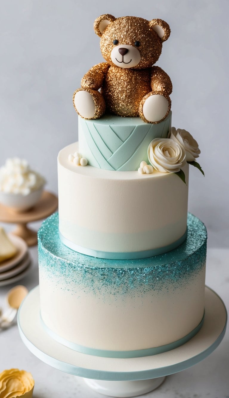 A teddy bear cake adorned with edible glitter for a magical touch