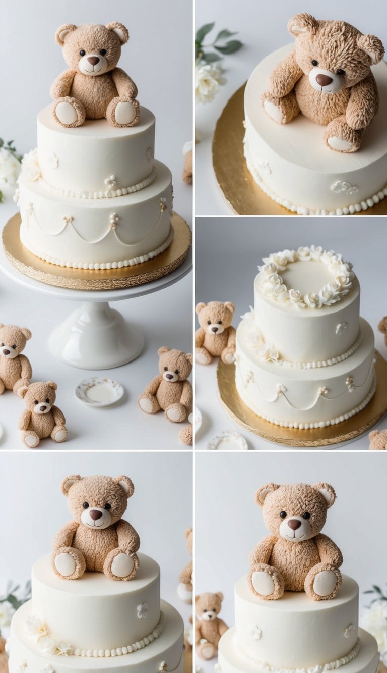 Soft, adorable teddy bear cakes surrounded by baby shower decorations