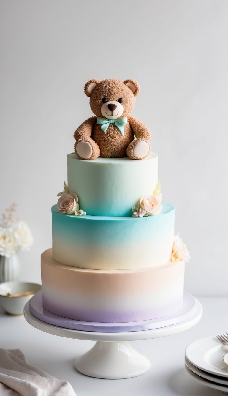 A teddy bear cake with ombre icing in soft, pastel colors