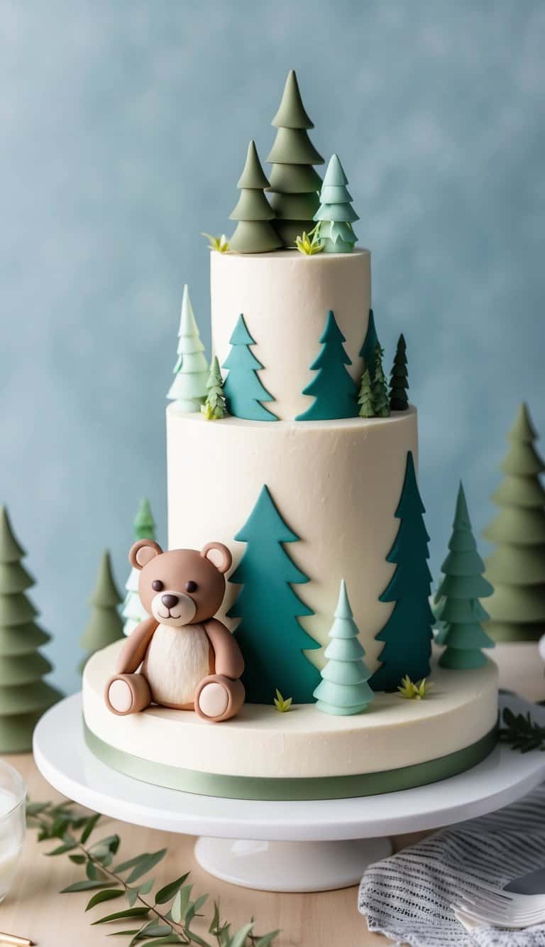 A forest scene with fondant trees and a cute teddy bear cake as the focal point