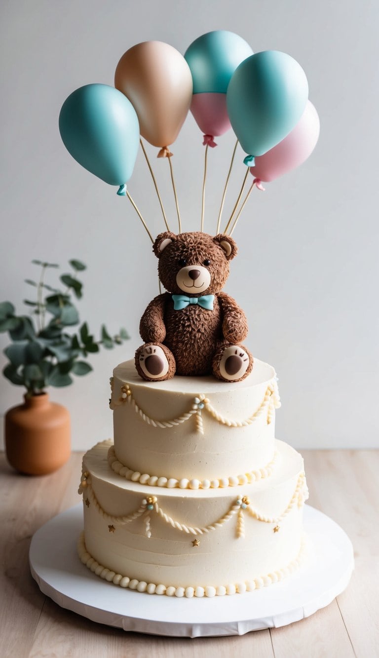 A teddy bear cake adorned with fondant balloons for a festive touch