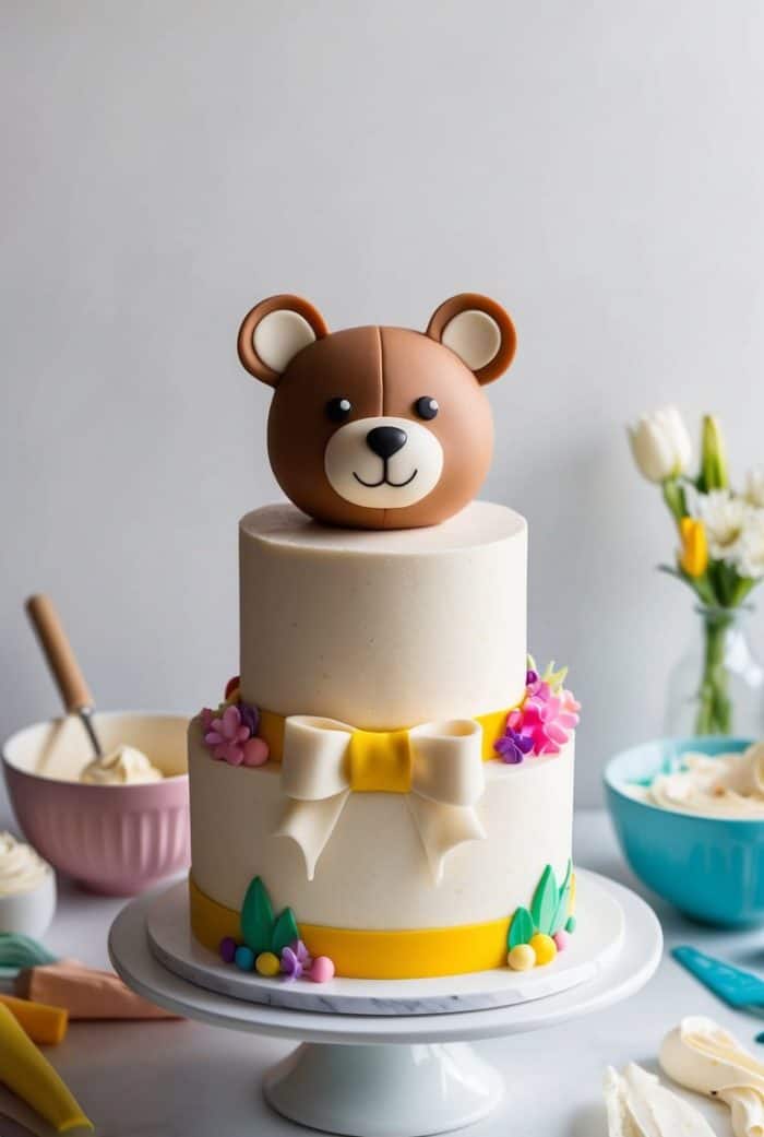 A two-tiered cake decorated with a bear face topper, pastel flowers, a yellow ribbon, and a white bow. Baking tools, bowls, and flowers are in the background on a white countertop.