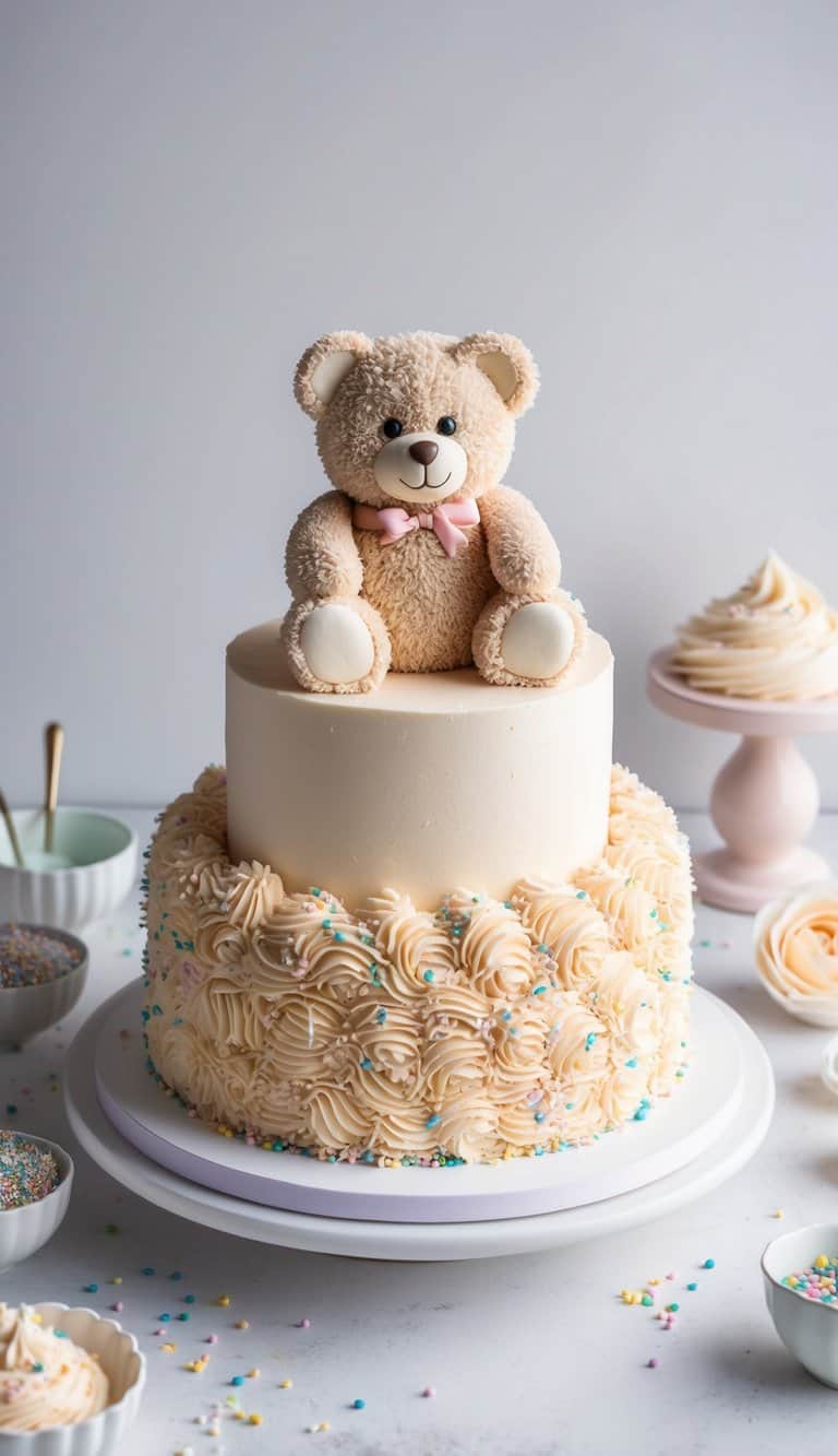 A teddy bear cake with buttercream fur, surrounded by pastel-colored frosting and sprinkles