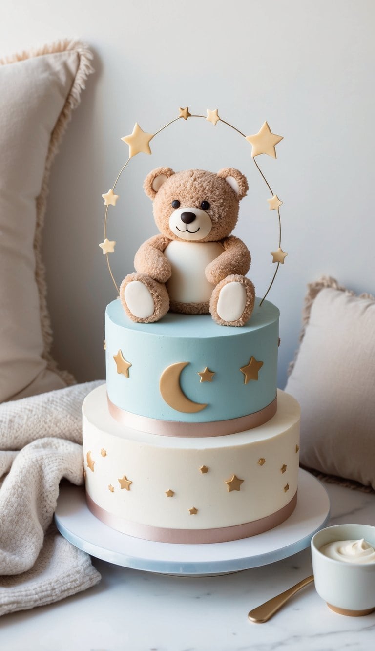 A cozy teddy bear cake adorned with moon and star accents, surrounded by pillows and a soft blanket