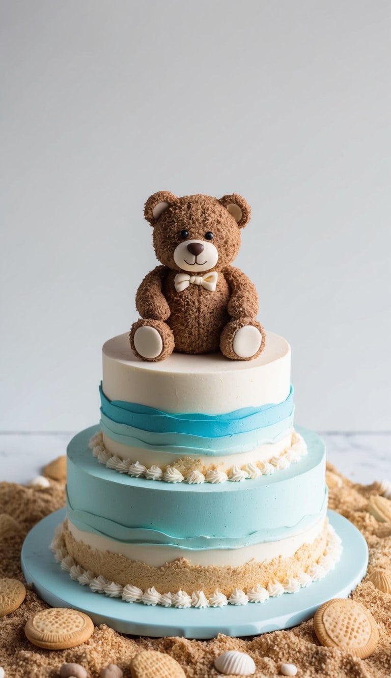 A teddy bear cake sitting on a sandy beach made of crushed cookies, with a cute and cuddly appearance