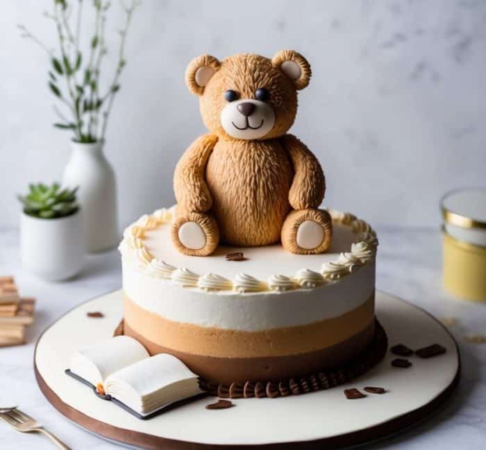 Two cakes with white and brown frosting: the top cake features a teddy bear topper and a small open book decoration; the bottom cake has stacked open book decorations as the topper and another open book at the base.