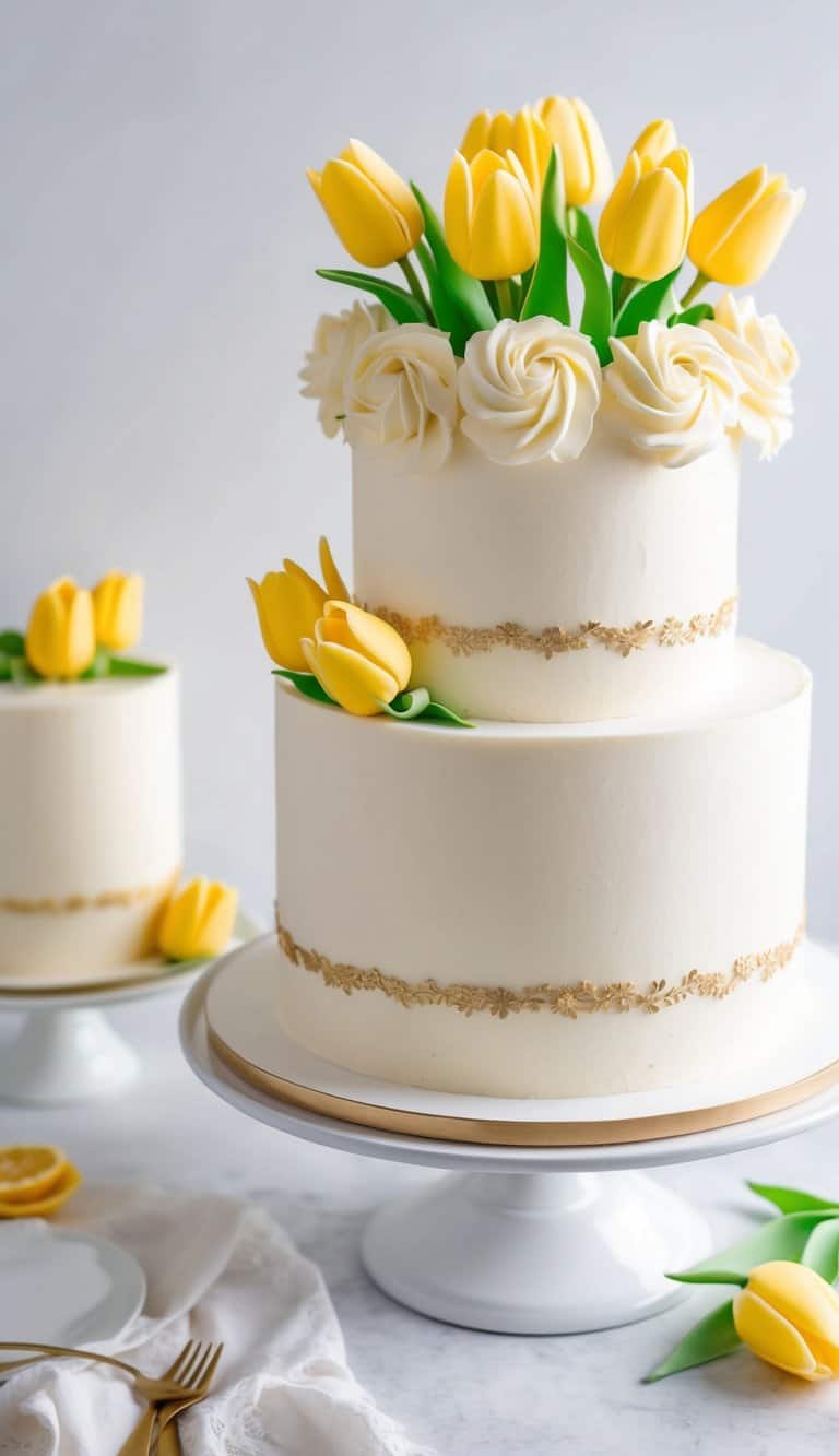 A cake with lemon cream cheese frosting adorned with elegant tulip decorations
