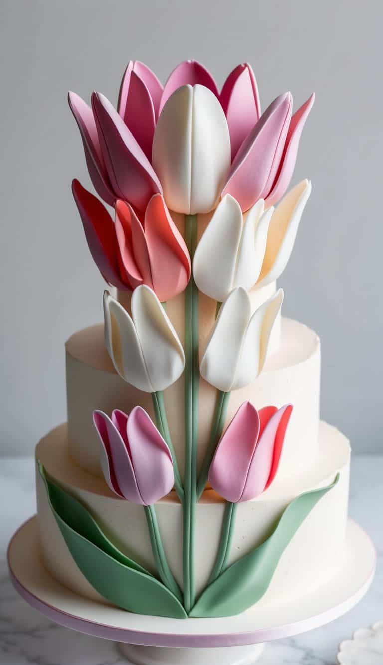 Layered tulip petals in various shades of pink and white create a 3D effect on a elegant tulip-themed cake