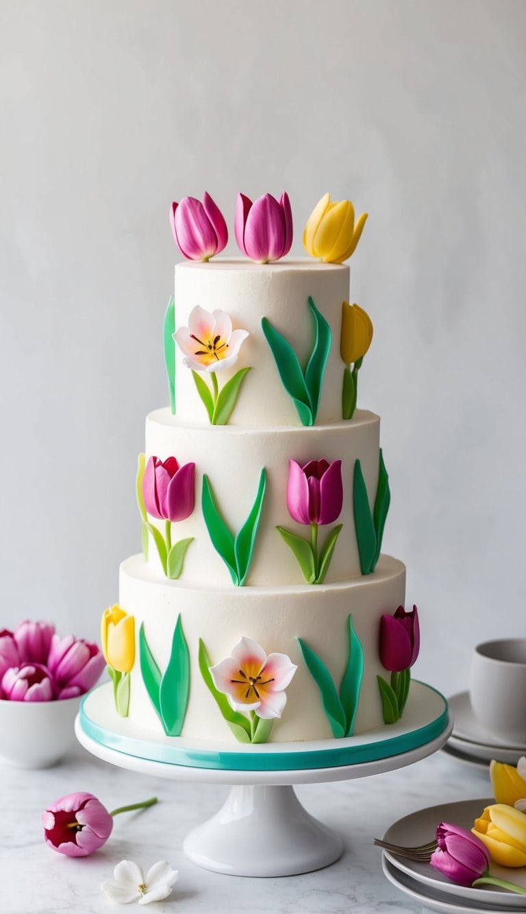 Vibrant tulip-themed cake decorated with gel food coloring for a delicate floral design