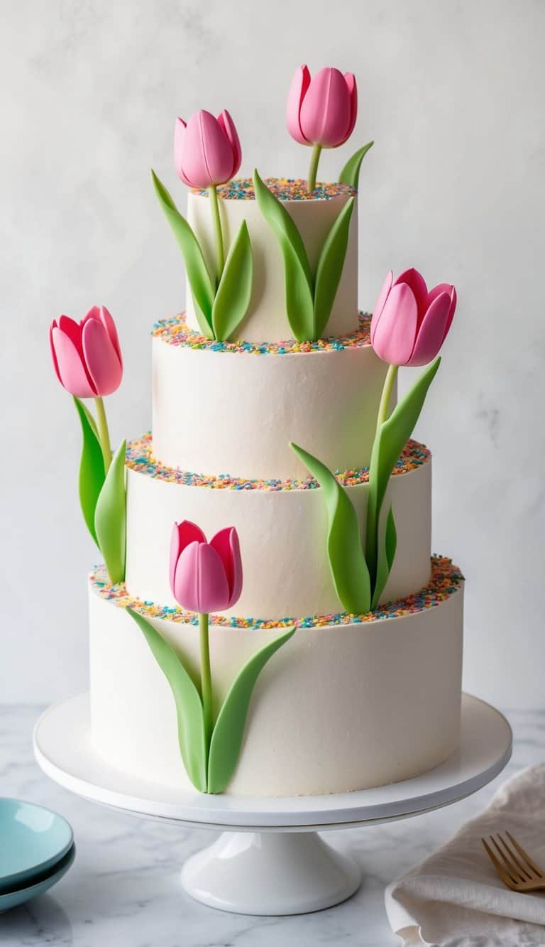 A tulip-themed cake adorned with colorful sprinkles for extra fun