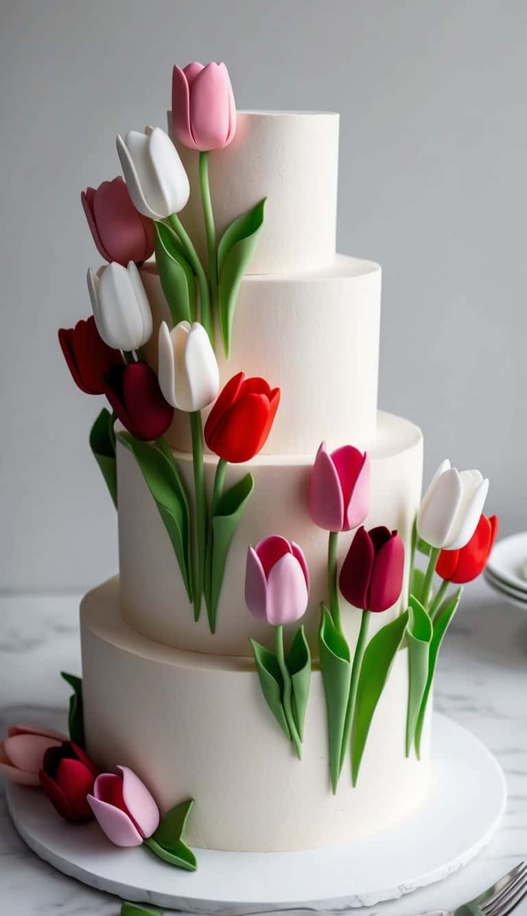 A tiered cake adorned with tulip-shaped fondant flowers in various shades of pink, red, and white, with green stems and leaves cascading down the sides