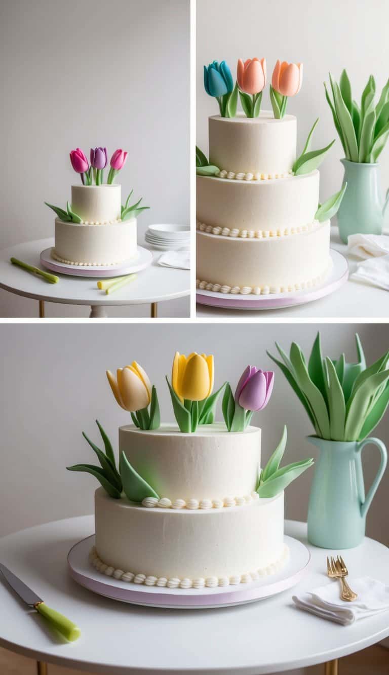 A table adorned with 3D sugar paste tulips in various colors, arranged as cake decorations