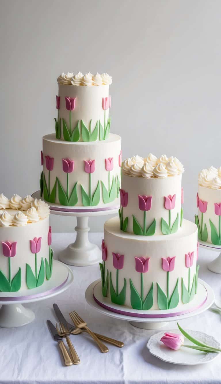 A table adorned with tulip-themed cakes, each decorated with elegant tulip stamps for pattern consistency