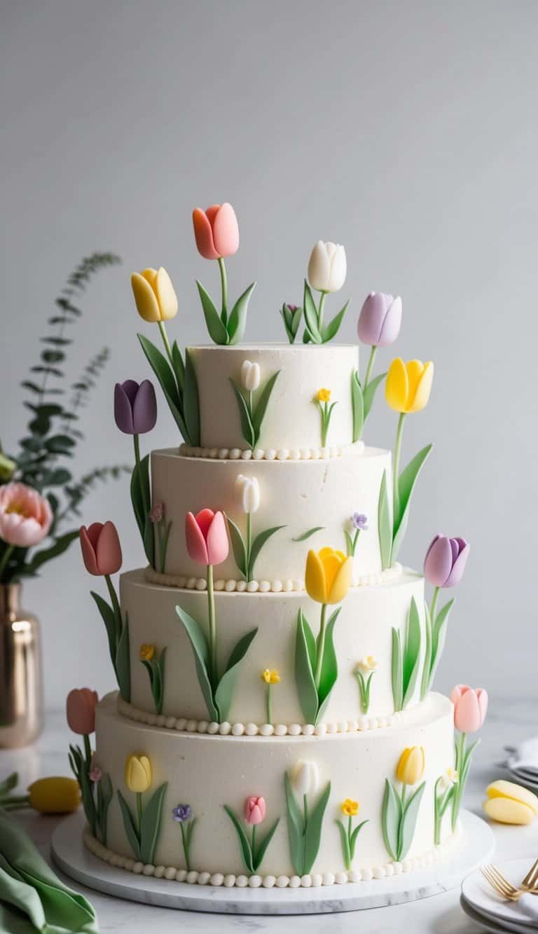 A cake adorned with marzipan tulips in various colors and sizes, creating an elegant and delicate floral theme