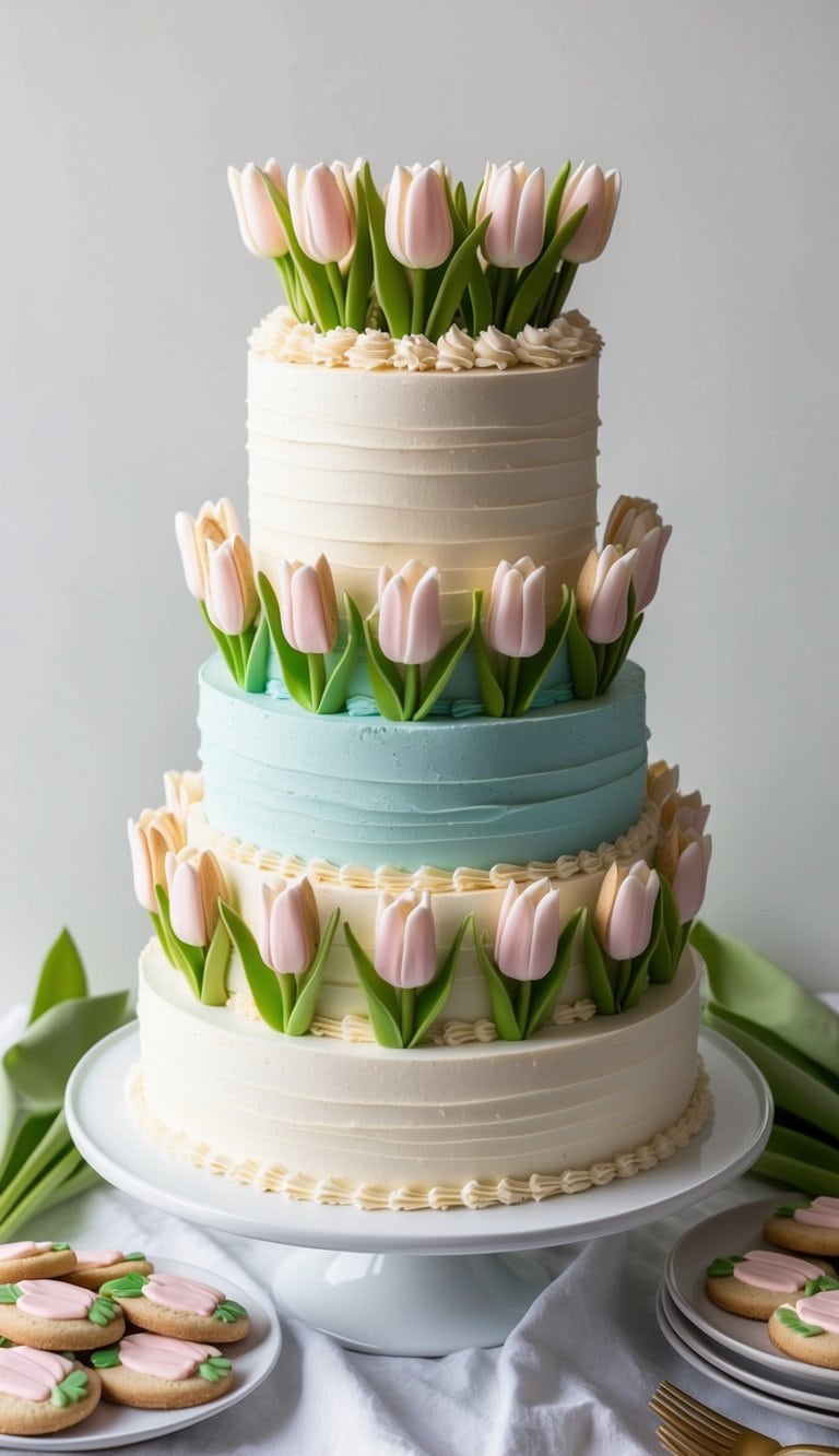 A table adorned with elegant tulip-themed cakes and tulip sugar cookies arranged on top