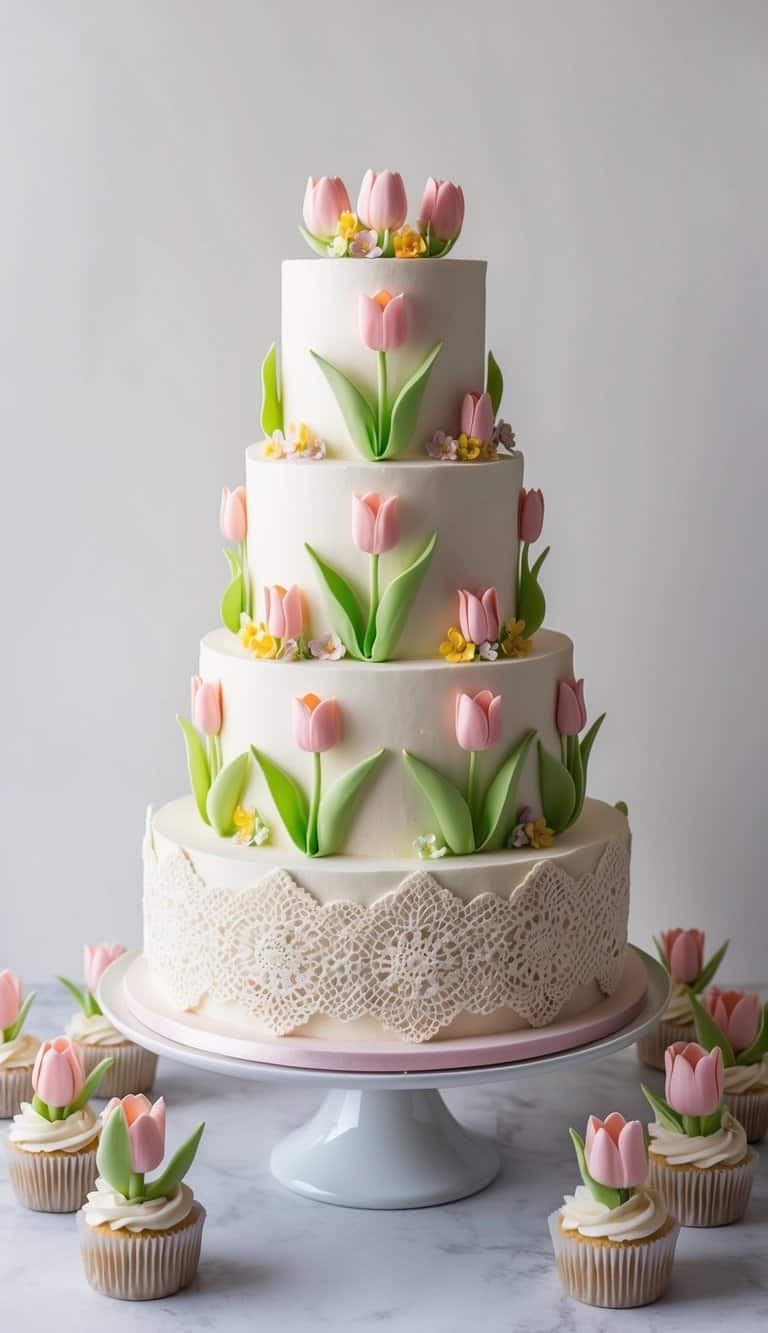 A tiered cake adorned with intricate tulip sugar lace, surrounded by smaller tulip-themed desserts and floral decorations