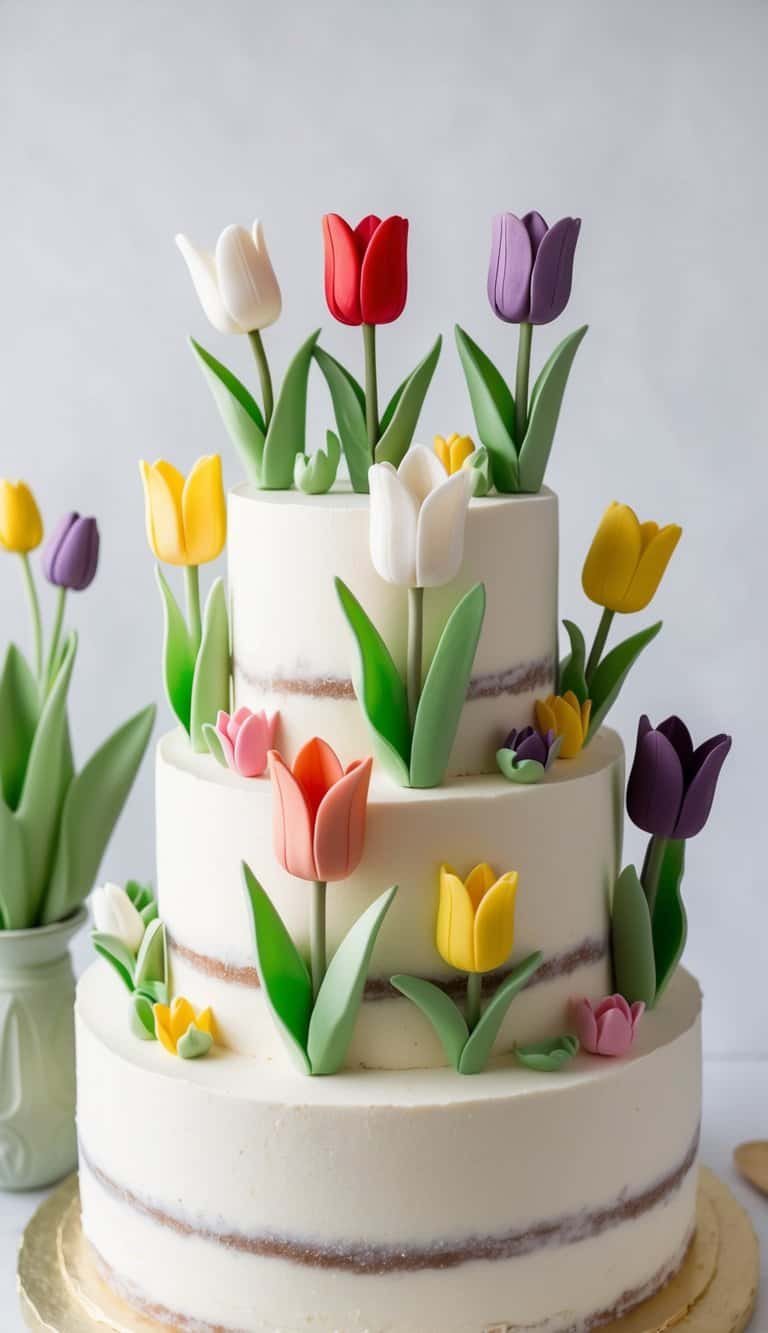 A beautiful tulip-themed cake adorned with intricate marzipan tulip figures in various colors and sizes