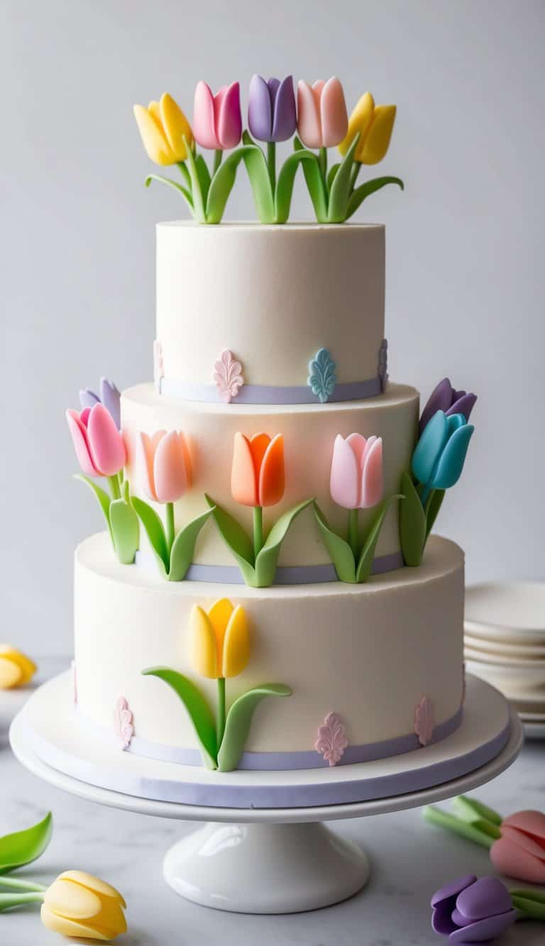 A cake adorned with candy melt tulips in various colors, arranged in an elegant and delicate floral pattern