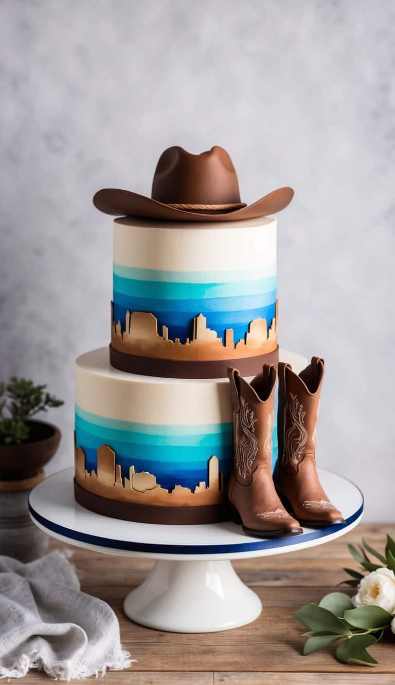 A rustic cowboy-themed cake adorned with boots, hats, and a Western skyline ombre backdrop