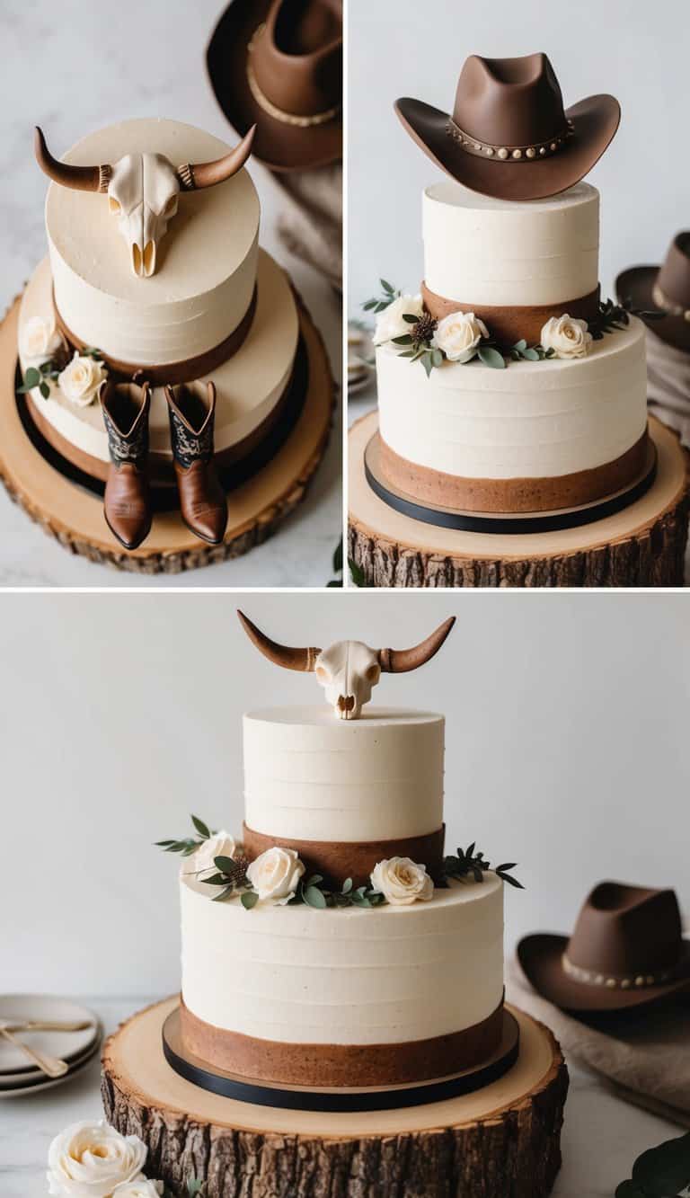 A rustic cowboy-themed cake topper with a steer skull, boots, and hats surrounded by western-inspired decor