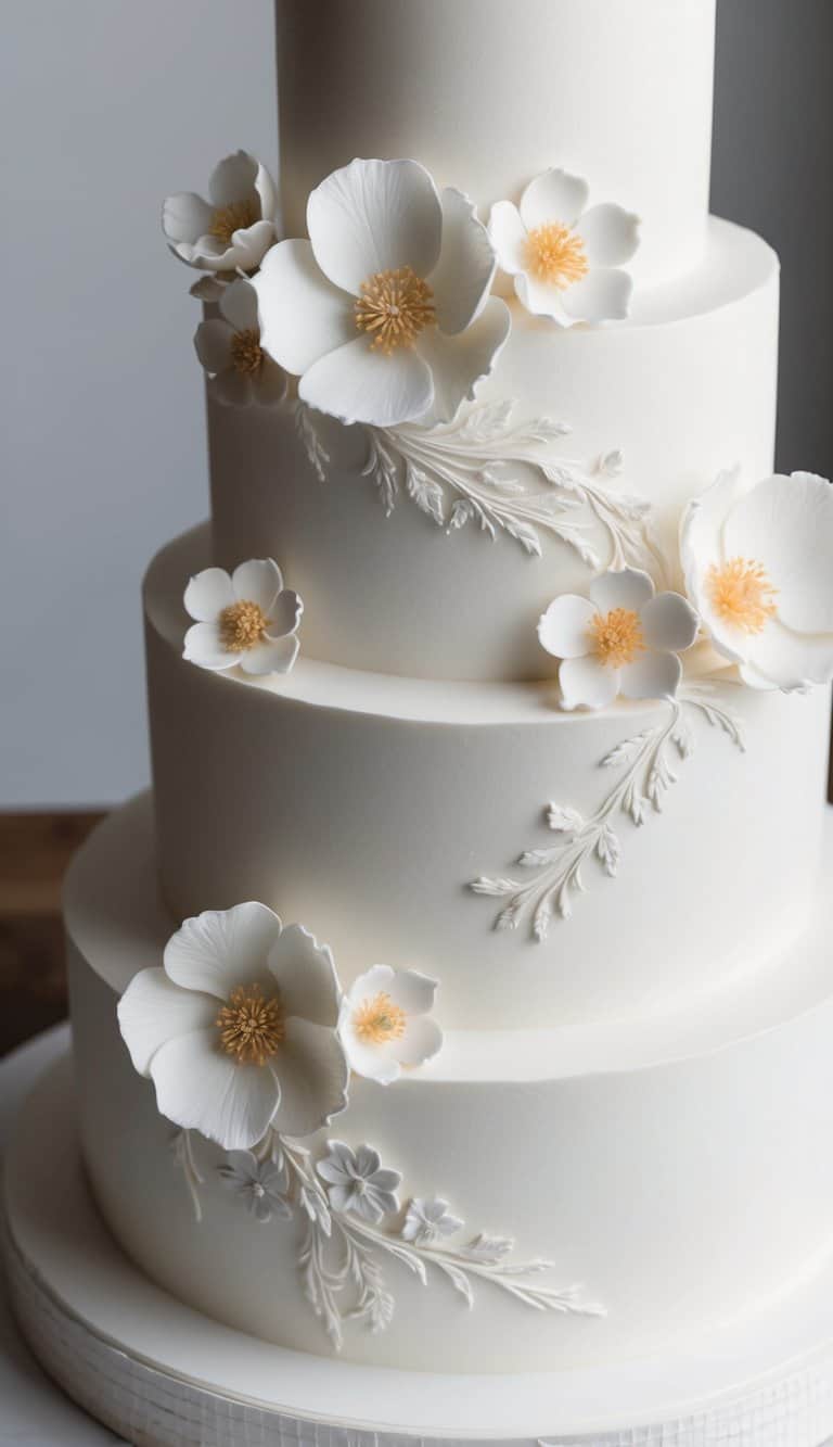 A tiered white cake adorned with delicate sugar flowers and intricate textures