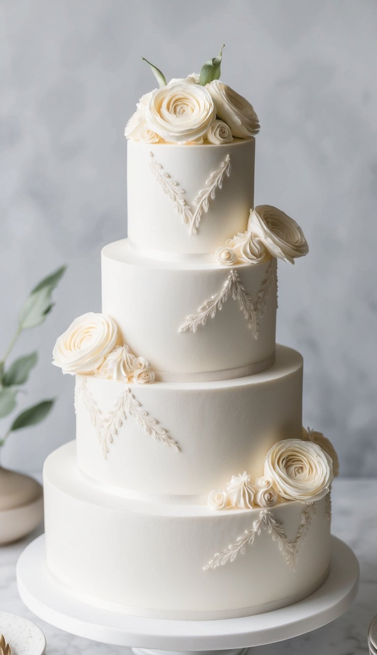 A white cake adorned with intricate piping details, showcasing timeless elegance
