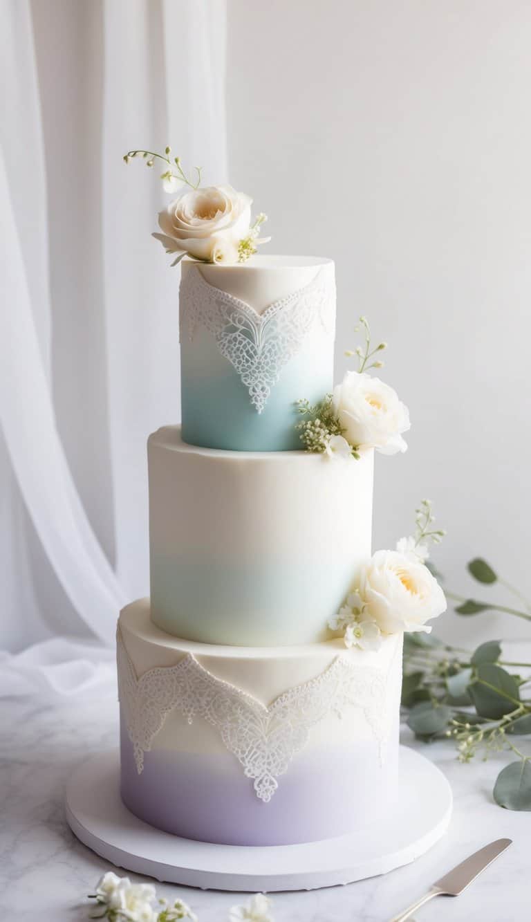 A three-tiered white ombre cake adorned with delicate lace and floral patterns, set against a soft, ethereal background