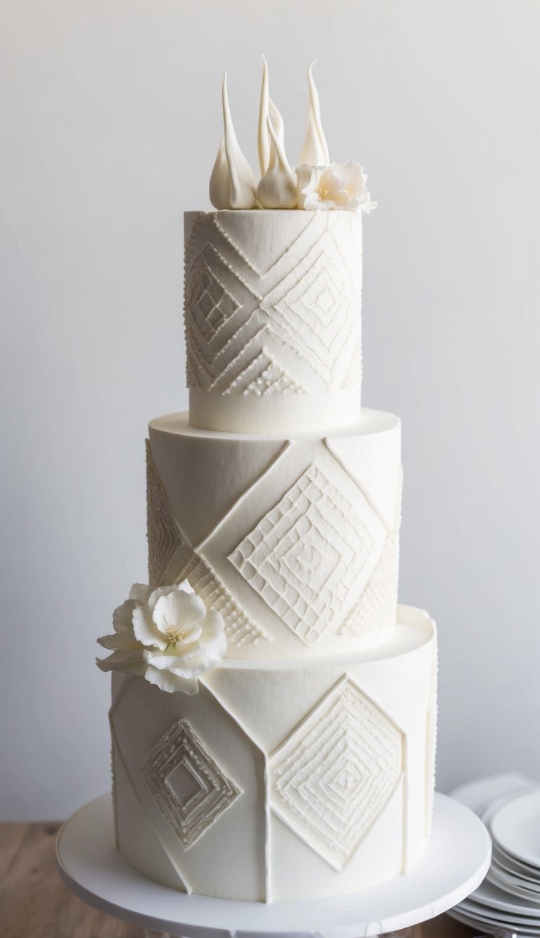 A white cake adorned with geometric designs and textured frosting, exuding timeless elegance