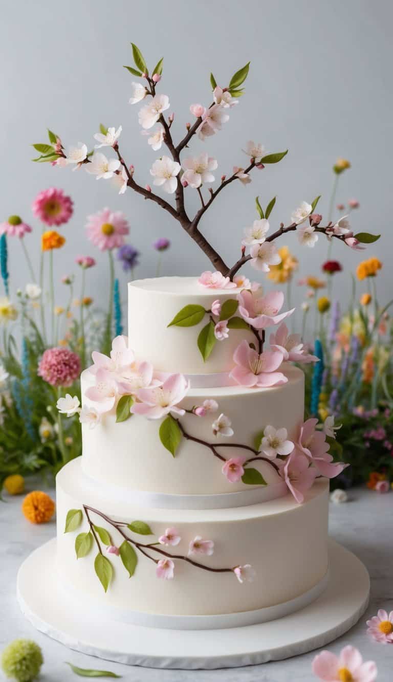 A vibrant cherry blossom tree with delicate pink flowers and green leaves, set against a backdrop of whimsical wildflowers in various colors and shapes