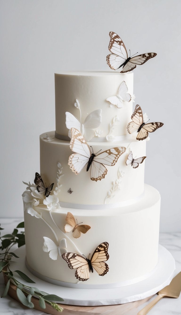 A white cake adorned with delicate butterfly decorations
