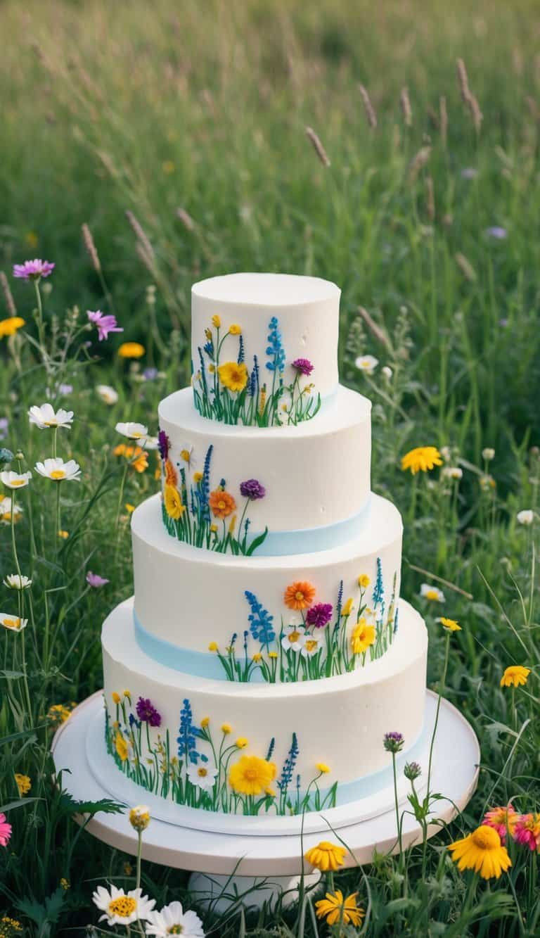 A tiered cake adorned with colorful wildflowers, surrounded by a meadow of tall grass and blooming flowers